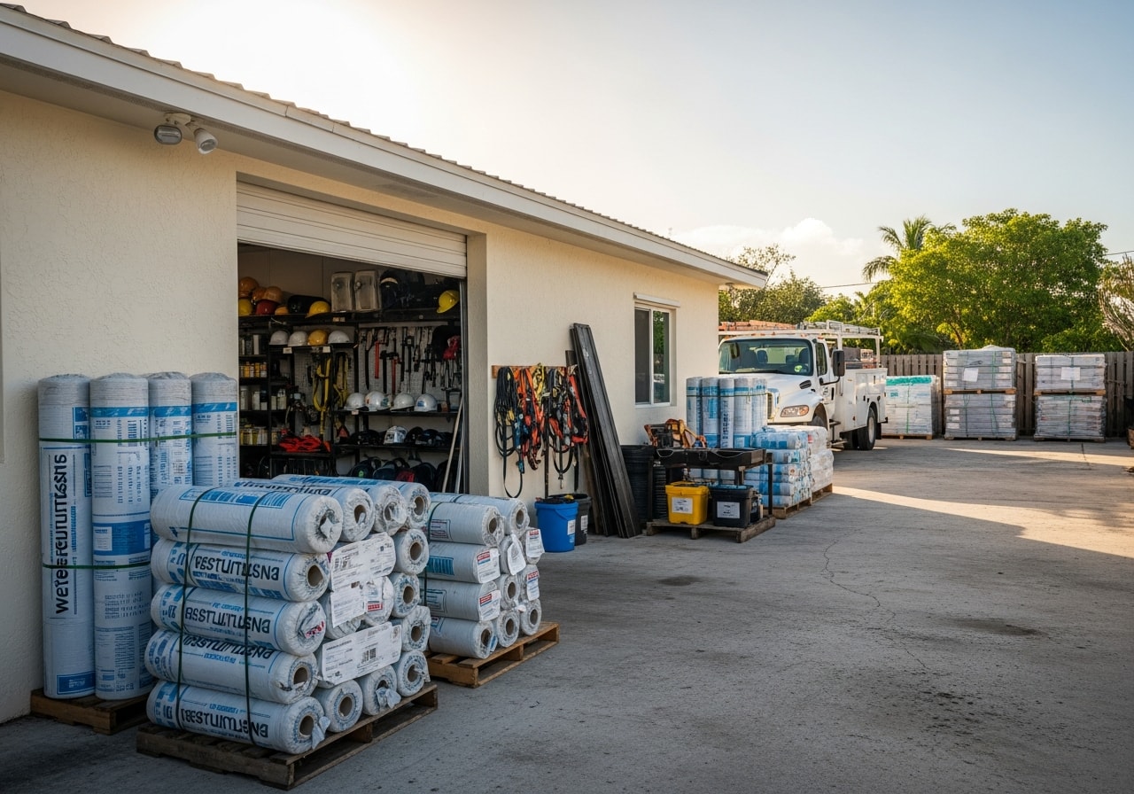 Construction crew and tools on a residential job site, ready for service delivery.
