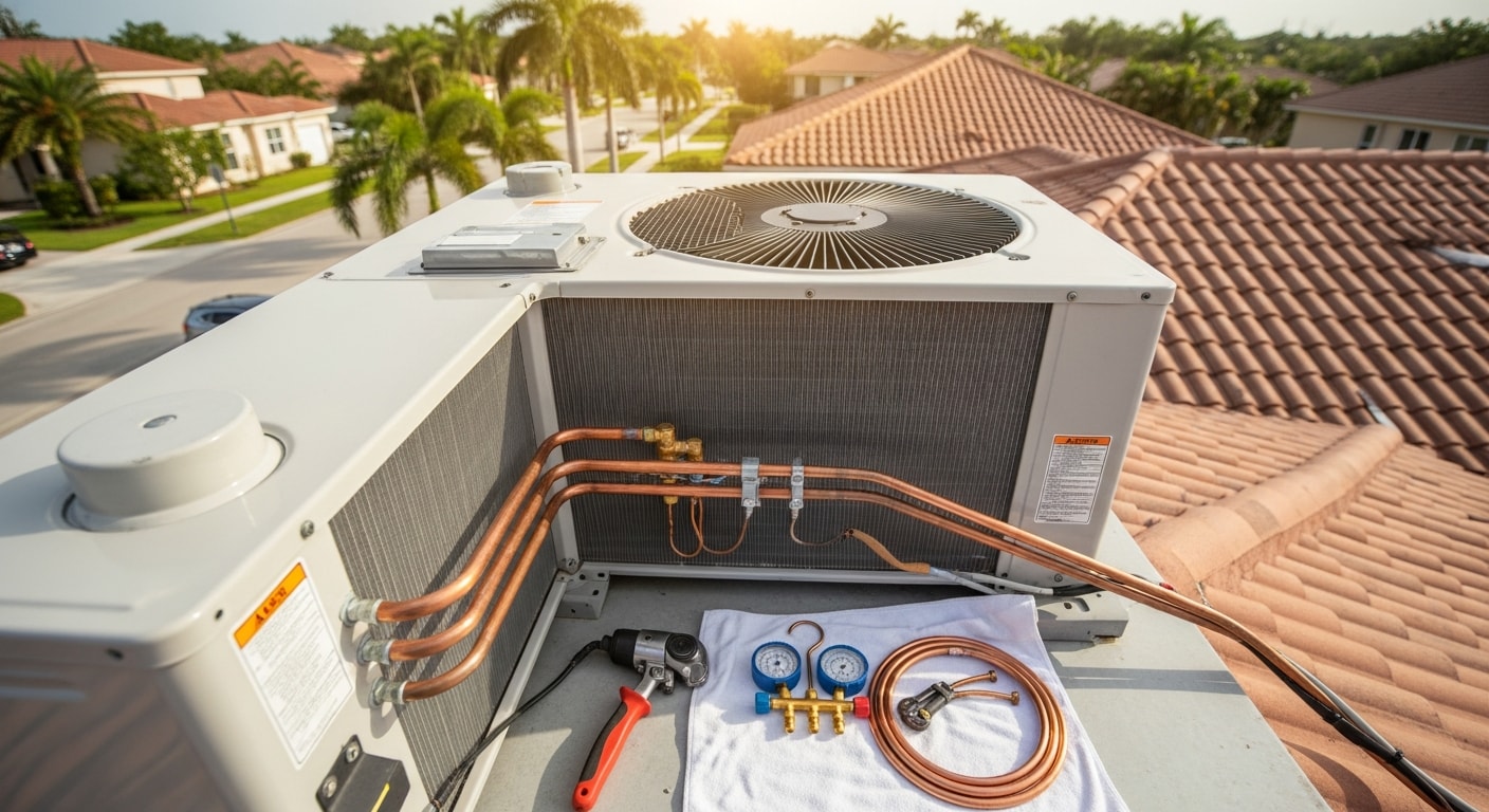 HVAC technician servicing air conditioning unit outside home