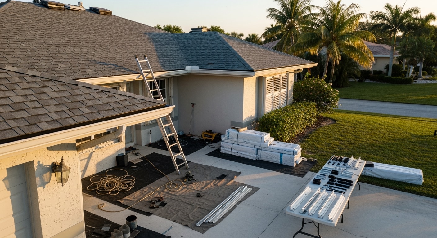 Roofer installing new shingles on residential home