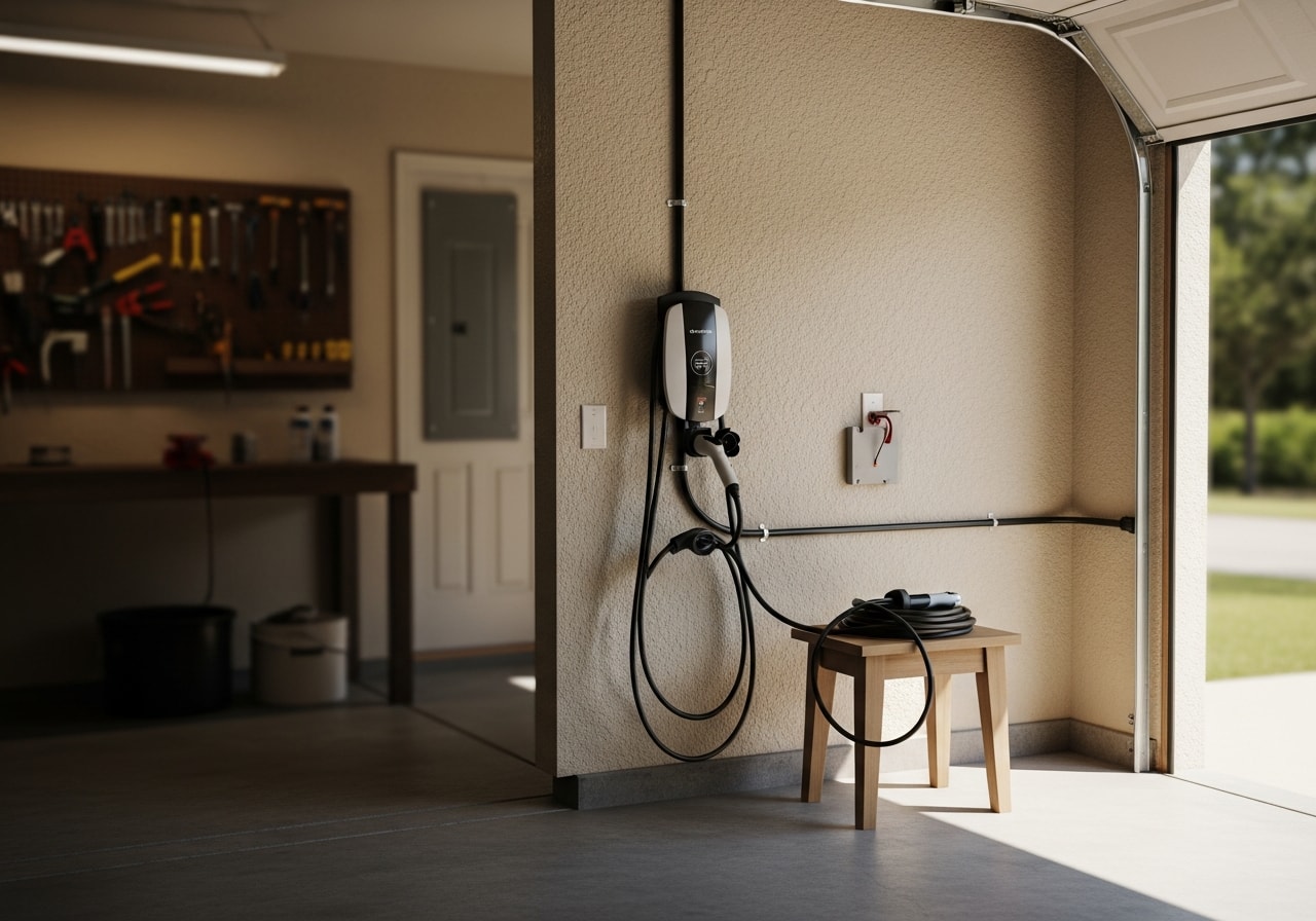 Level 2 EV charging station installed in garage in Gainesville, Florida