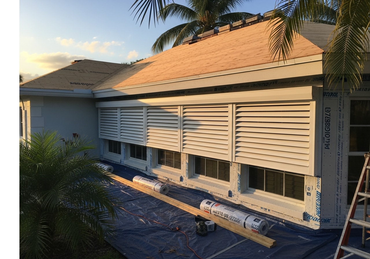 Roof repair and motorized storm shutter installation on home in Collier County