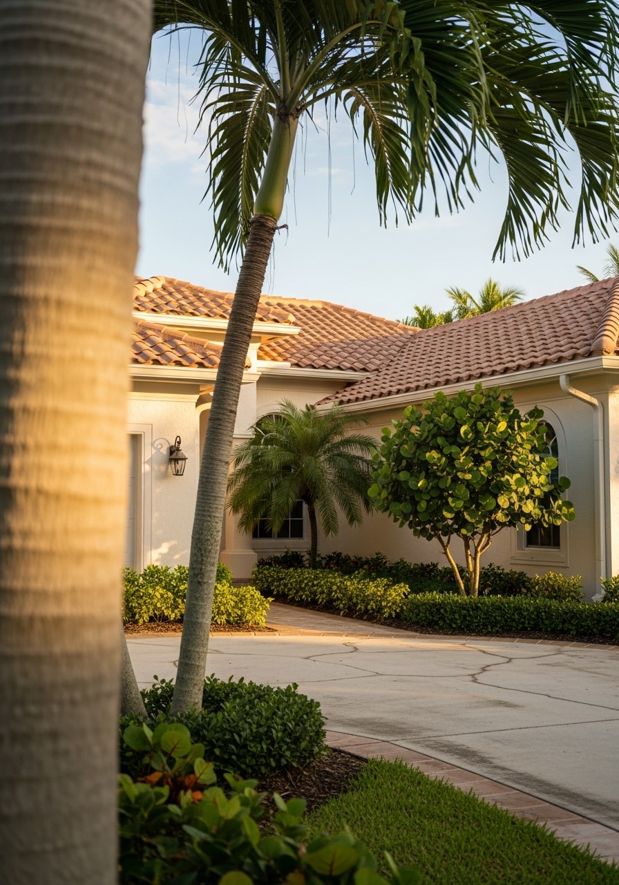 Close-up of a Broward County home exterior with landscaping and driveway.