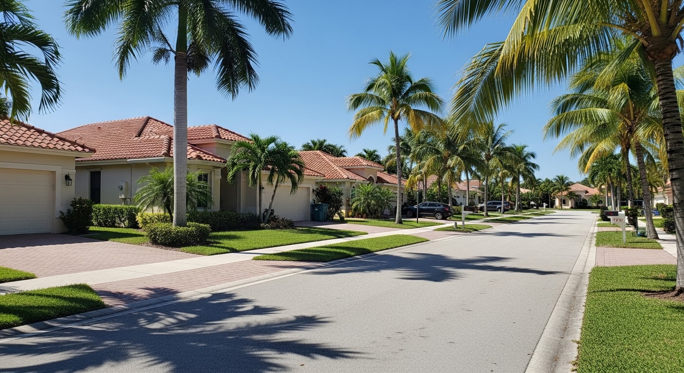 Residential street in Fort Lauderdale with palm trees and established homes under blue sky.