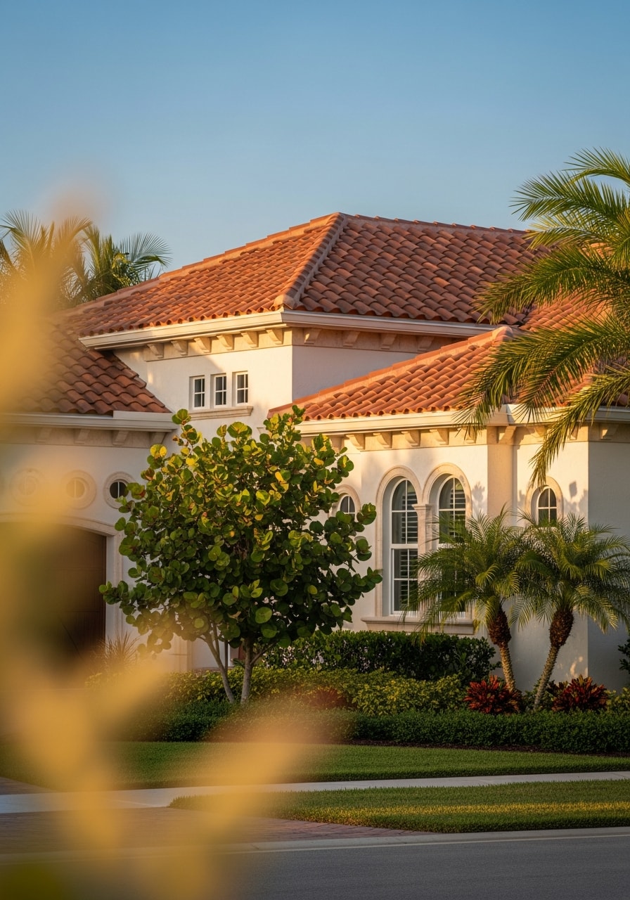 Naples-area residential exterior showing tropical design and coastal setting.