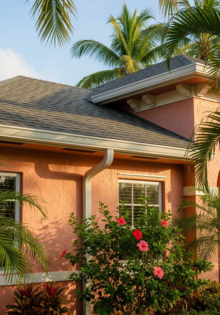 Detail of a Miami-Dade property showing exterior finishes and tropical vegetation.