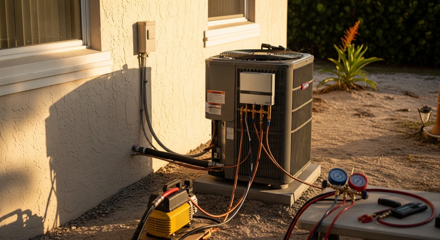 A licensed HVAC technician from MDS Projects installing an outdoor air conditioning condenser unit at a single-family home in Broward County, Florida. The unit is positioned on a concrete pad beside the home's exterior wall in a typical South Florida residential setting.