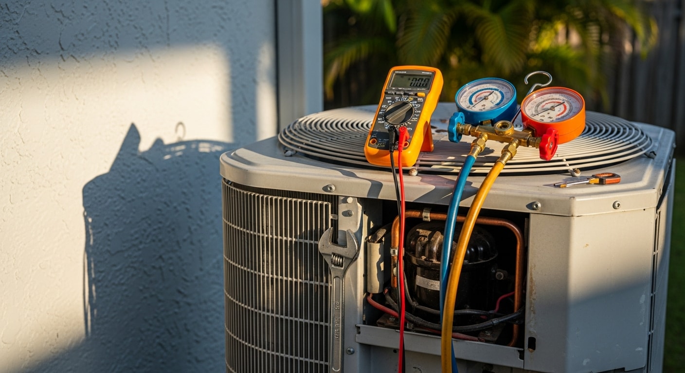 A licensed MDS Projects HVAC technician inspecting an outdoor air conditioning condenser unit at a residential property in Broward County, Florida. The technician is checking components on a sunny day with a single-family home visible in the background.