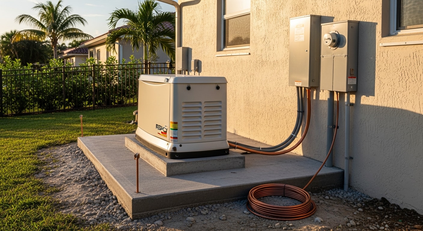 A standby backup generator mounted on an engineered concrete pad beside a single-family home in Broward County, Florida. The unit is connected to the home's electrical panel with conduit and a transfer switch visible along the exterior wall.