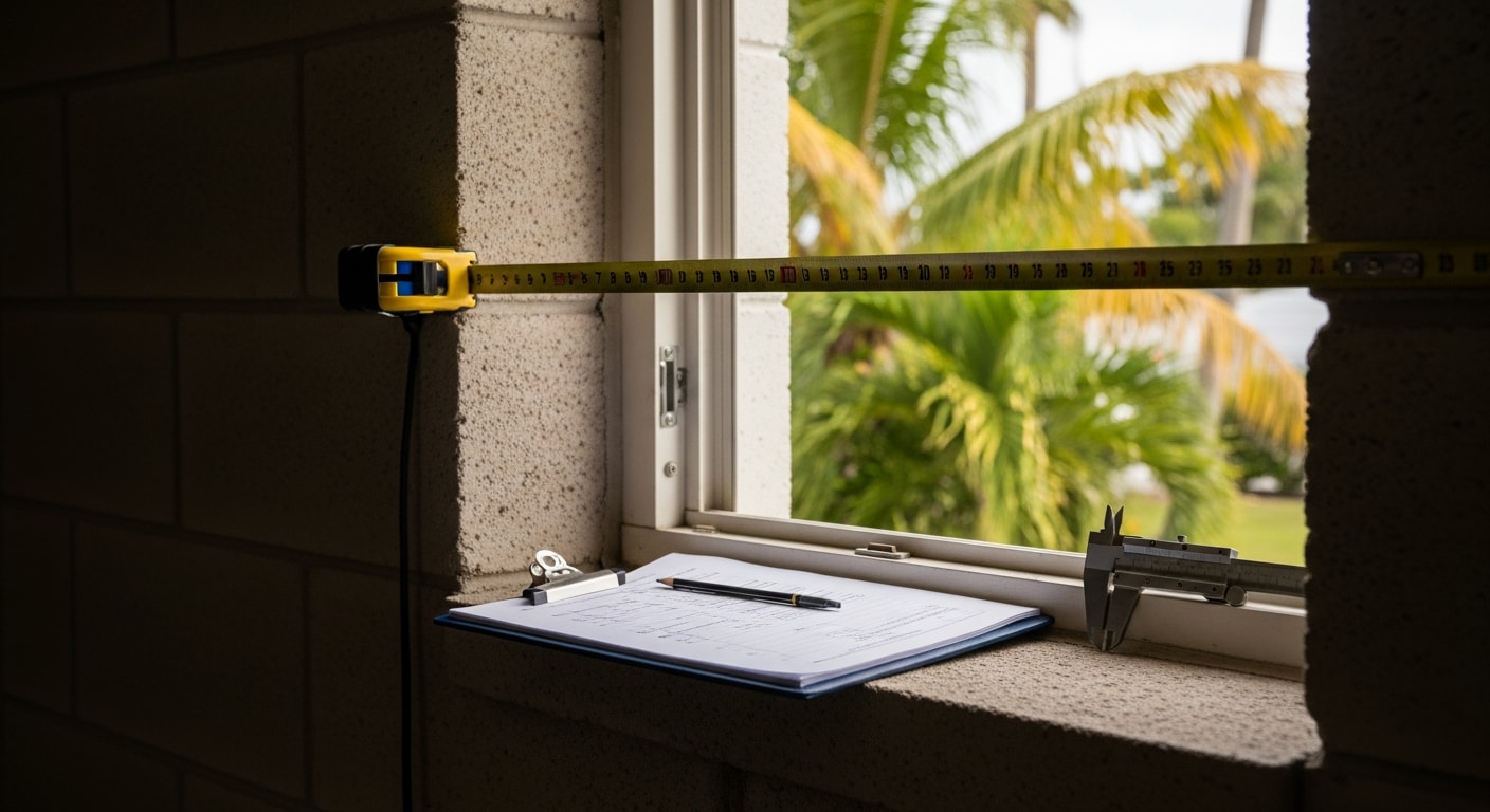 A freshly installed custom-sized impact window flush with the exterior wall of a concrete-block home in Broward County, Florida. The frame sits tight to the rough opening with no visible gaps, showing a clean finished installation on a single-story residential property.