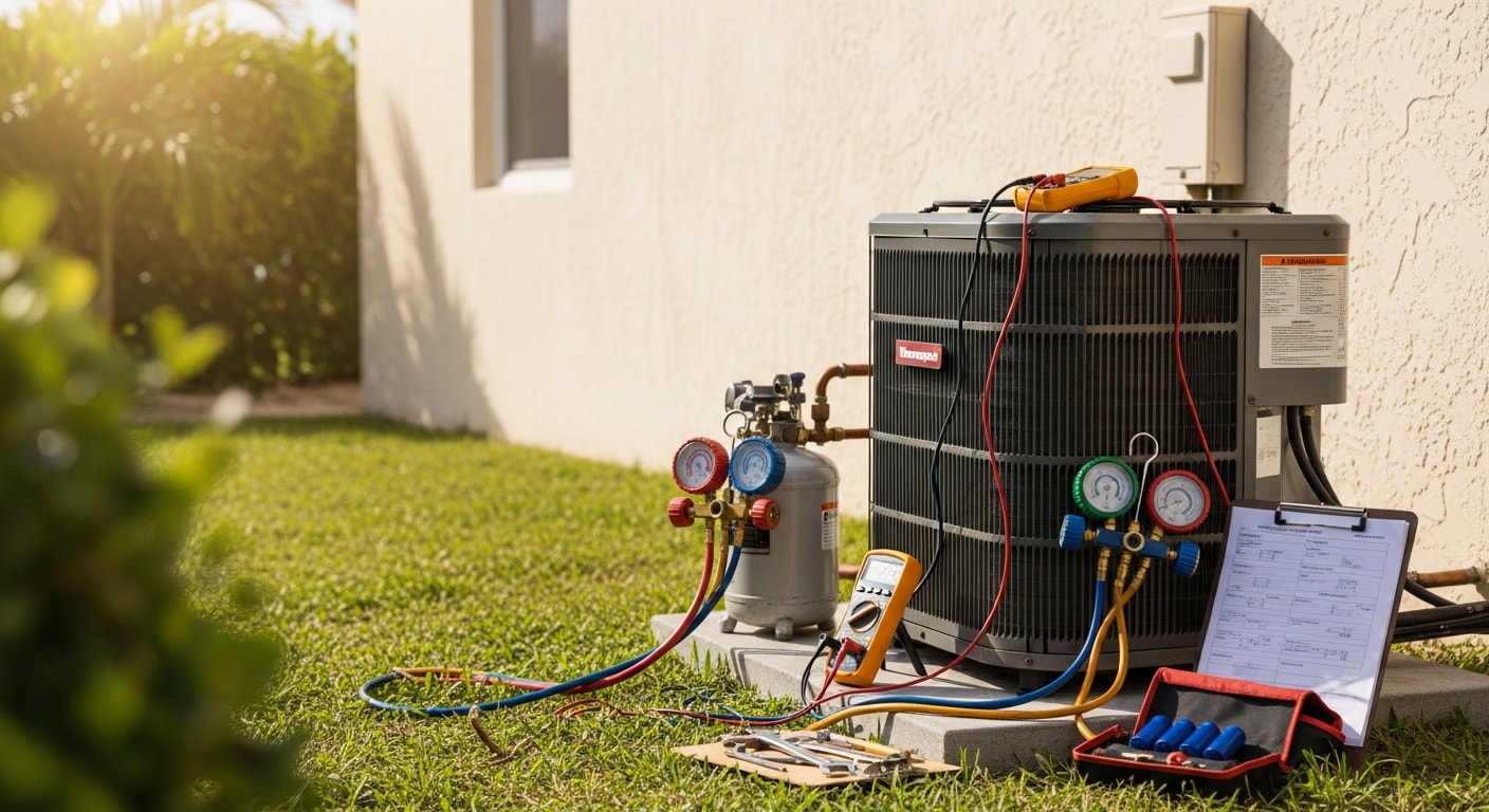 MDS Projects HVAC technician inspecting an outdoor AC condenser unit at a residential property in Broward County, Florida. The technician is checking electrical components on a sunny day with a single-family home visible in the background.