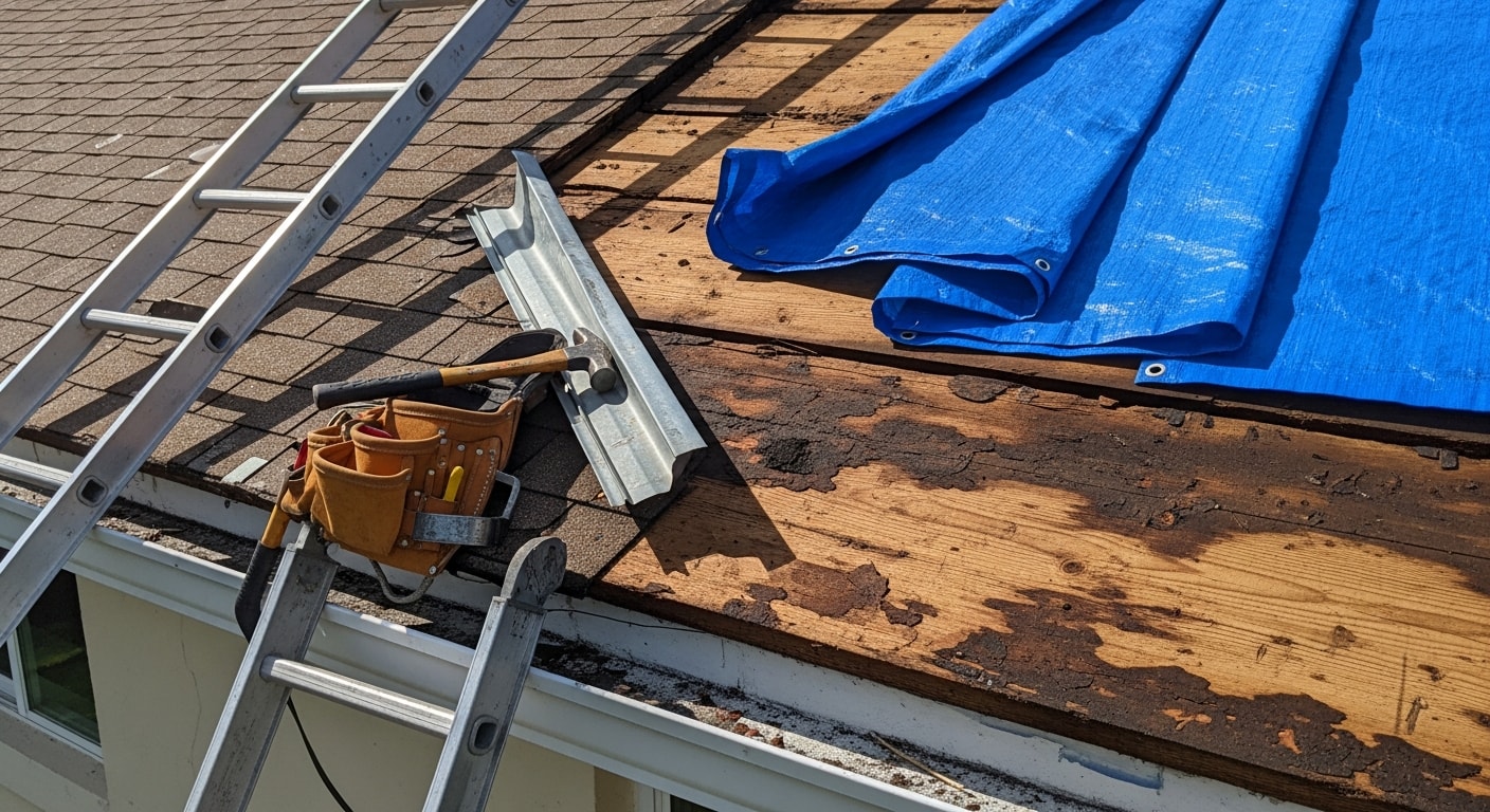 A Broward County residential roof with storm-damaged shingles and exposed decking being assessed by a roofing contractor after a tropical storm. A heavy-duty tarp is being secured over the damaged section to prevent further water intrusion.