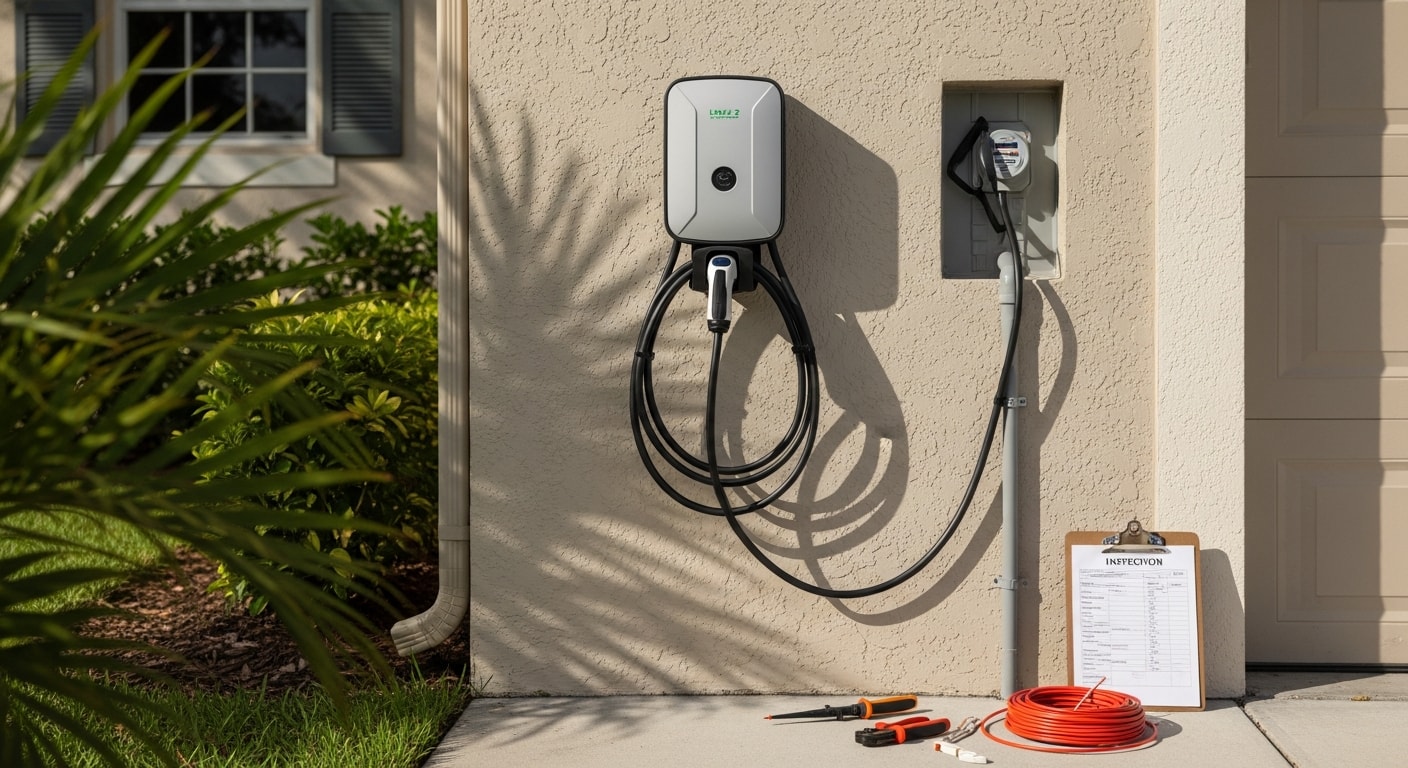 A Level 2 EV charging station mounted on the exterior wall of a Broward County home, with a charging cable connected to an electric vehicle parked in the driveway. The unit is installed in weatherproof conduit suited to South Florida's outdoor conditions.