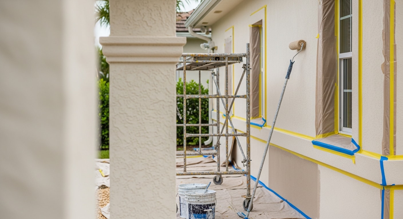 A general contractor applying exterior coating to the stucco facade of a two-story residential building in Broward County, Florida. The finished section shows a clean, uniform surface with no visible cracks or discoloration.
