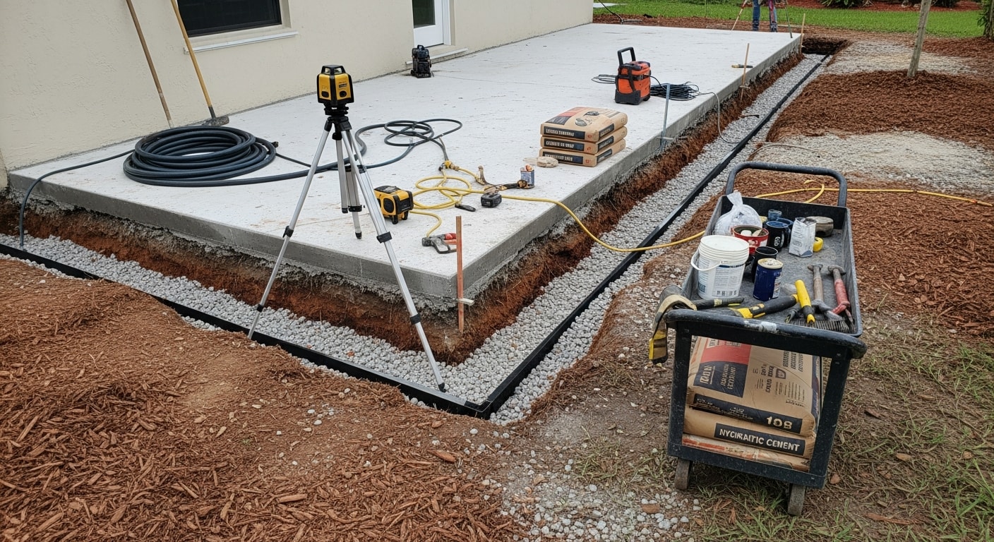 A Broward County residential property showing completed drainage grading and sealed foundation work along the perimeter. A general contractor reviews the finished flood mitigation improvements on a low-elevation lot near a residential canal.