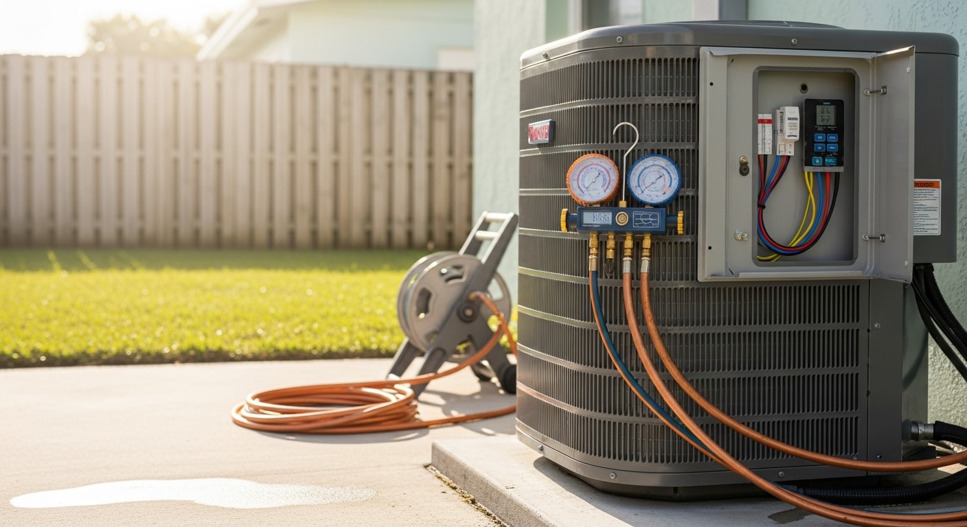 A licensed HVAC technician from MDS Projects installing an outdoor heat pump unit at a residential property in Broward County, Florida. The unit is positioned on a concrete pad beside the home with clear clearance on all sides.