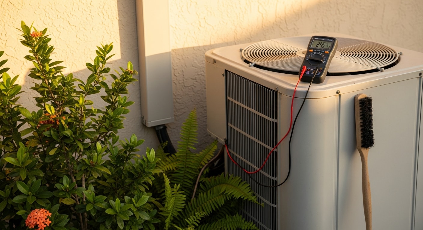 MDS Projects HVAC technician inspecting an outdoor condenser unit at a residential property in Broward County, Florida. The technician checks coil condition and electrical connections during a routine maintenance visit.