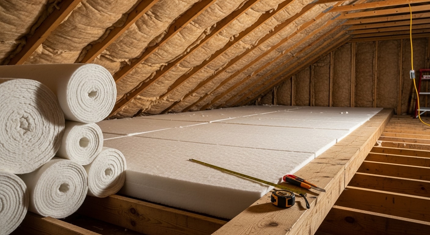 A Broward County attic with freshly installed insulation covering the floor joists, showing even coverage across the full ceiling area. A contractor in work gear checks coverage depth in a South Florida residential home.