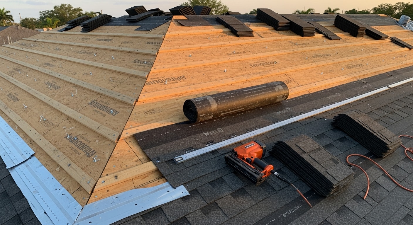 A newly installed HVHZ-compliant roof on a single-family home in Broward County, Florida, showing clean roof lines and finished edge metal detail. The installation reflects South Florida residential construction typical of the county's coastal communities.