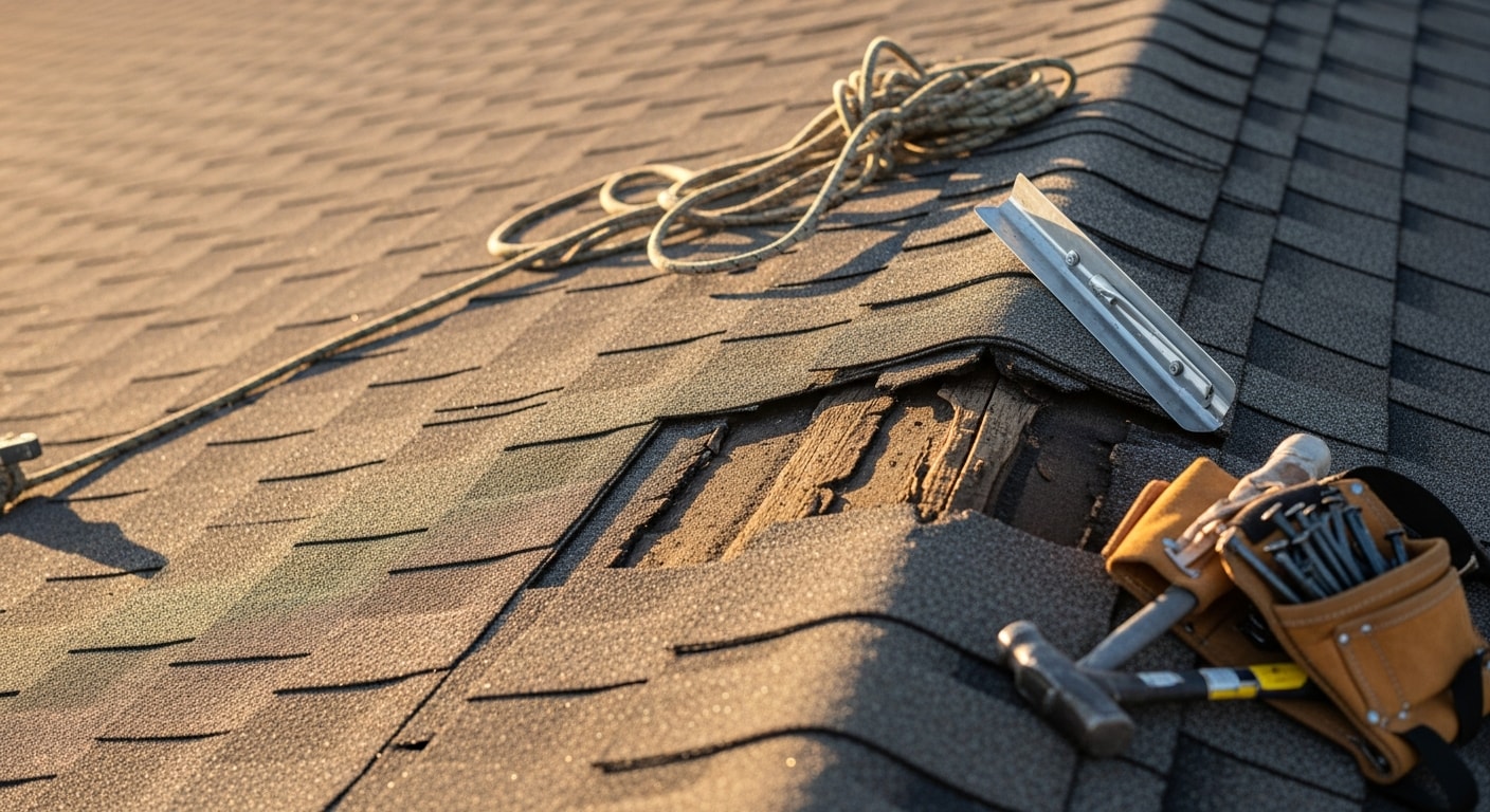 A roofing contractor from MDS Projects inspecting and repairing damaged shingles and flashing on a residential roof in Broward County, Florida. Close-up view shows repaired roof sections with surrounding South Florida neighborhood visible in the background.