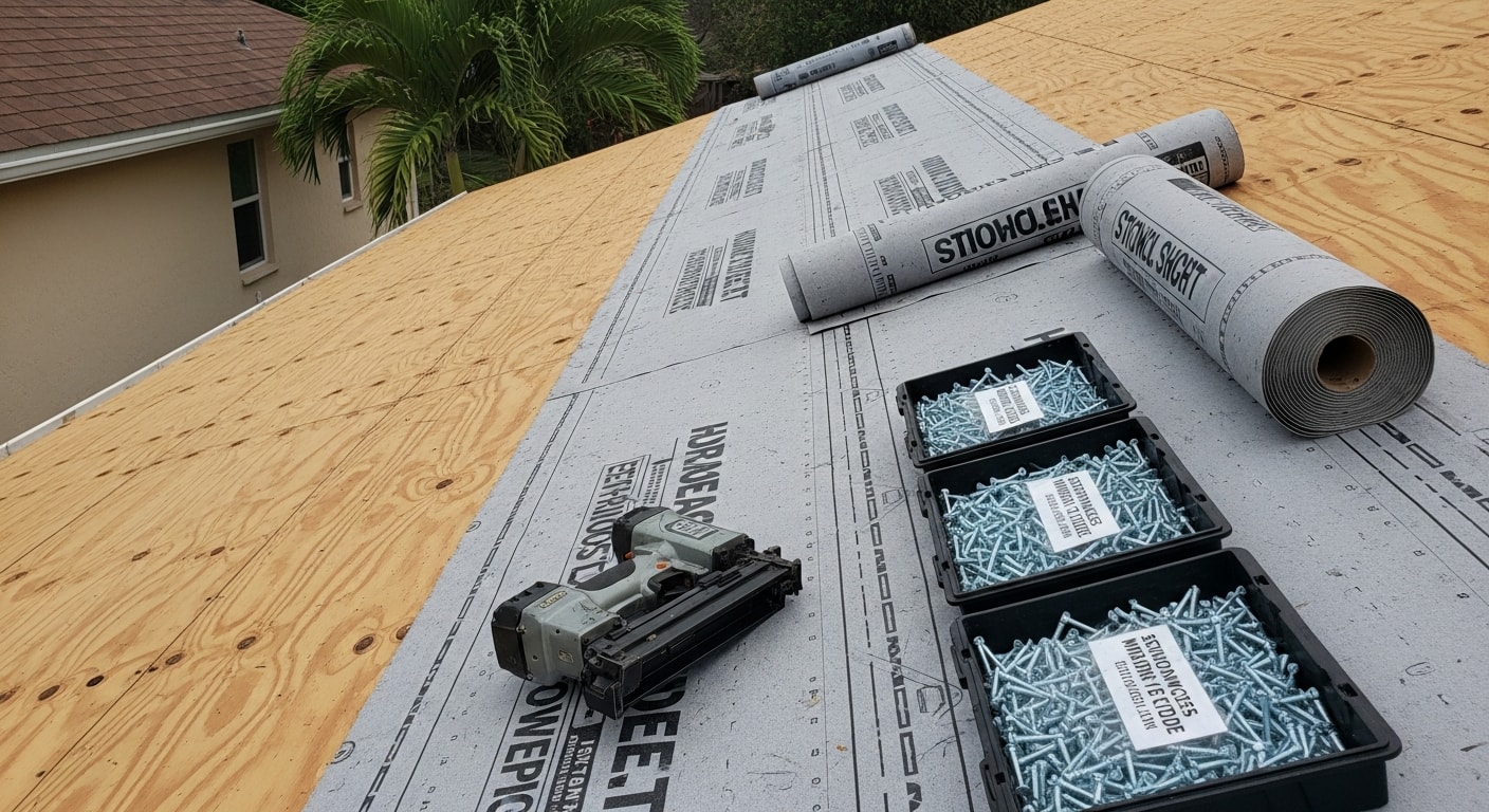 A completed residential roof replacement on a single-family home in Broward County, Florida, showing new roofing materials installed flush to the roofline under clear South Florida skies. The finished installation reflects HVHZ-compliant workmanship on a typical Broward County suburban home.