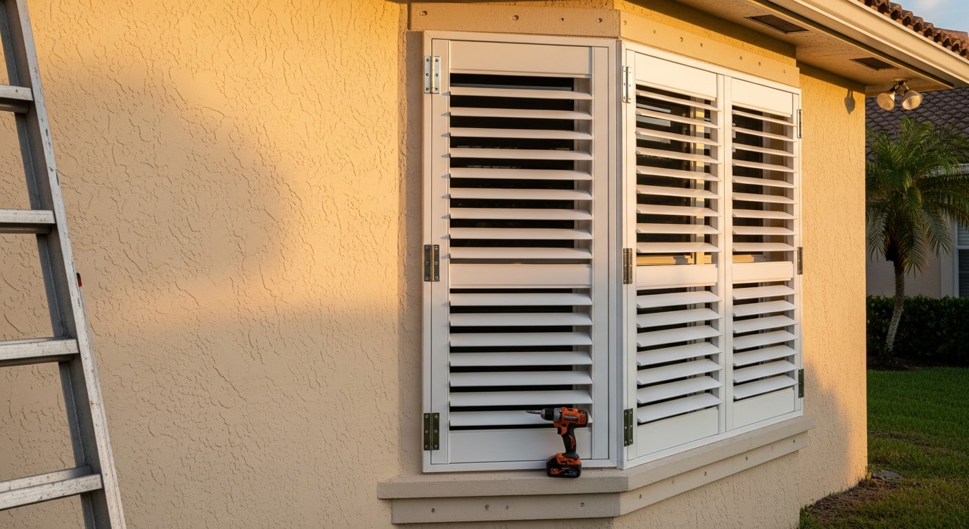 Storm shutters installed across the windows and doors of a single-family home in Broward County, Florida. The shutters are fully closed and mounted flush to the exterior wall, showing complete opening coverage on a concrete block residential structure.
