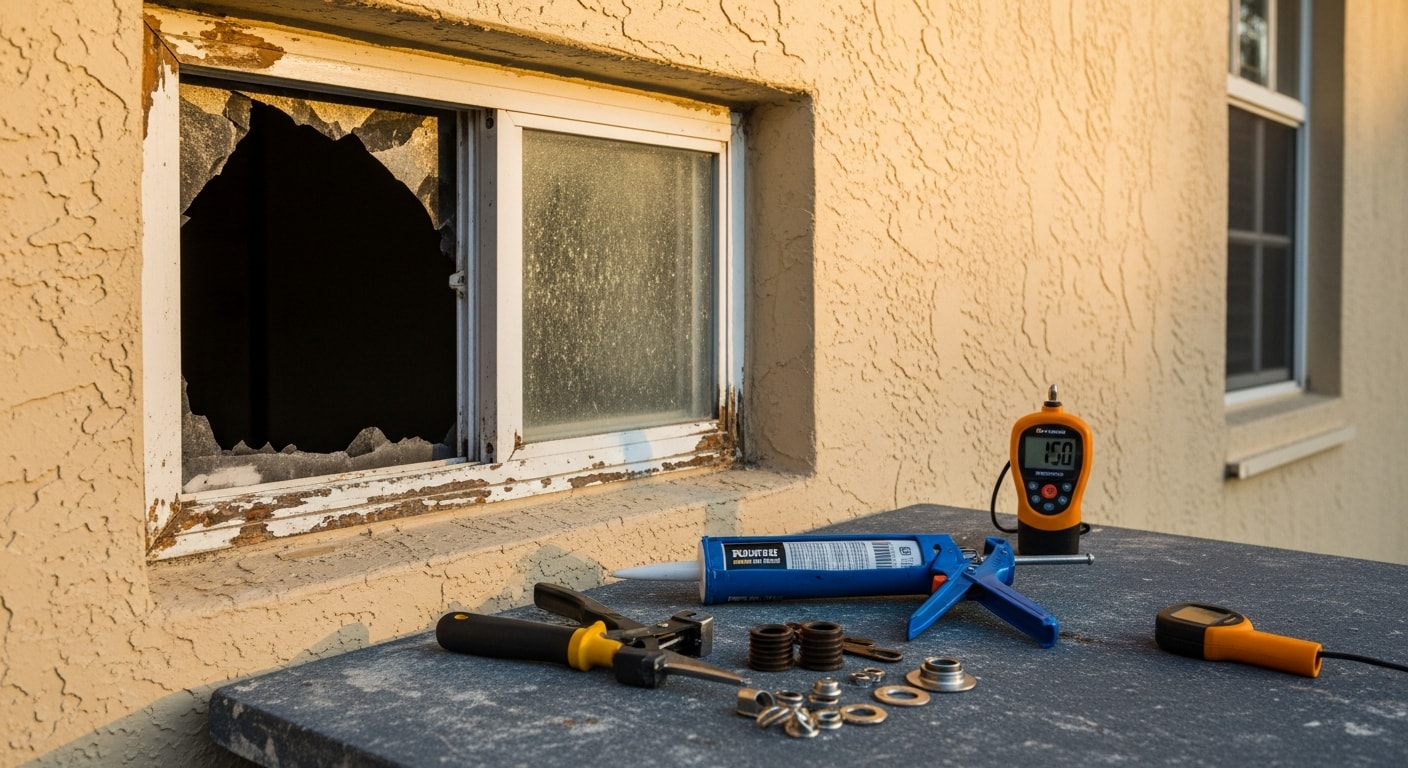 A repaired residential window on a Broward County home showing a clean frame, clear glass, and tight weatherstripping seal. Close-up view highlights restored hardware and no visible moisture or frame damage.