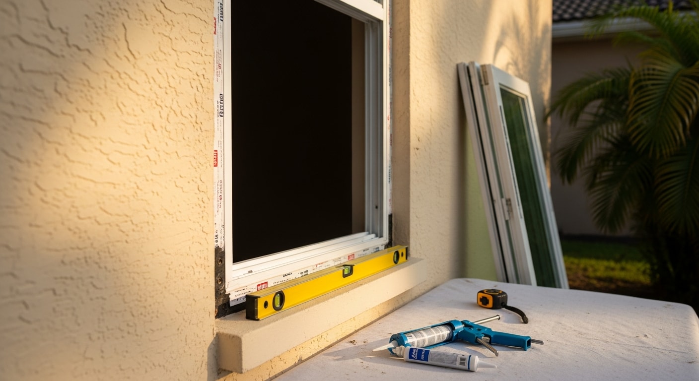 A Broward County home with newly installed impact-rated replacement windows, showing clean aluminum frames and clear laminated glass on a single-story residential exterior. The updated windows replace older, weathered units visible on the adjacent wall section.